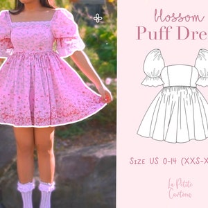 Blossom Puff Kleid | Digitales Muster A0/A4/Us Letter pdf | Größe 36-42 (XS-XXXL) | Videoanleitung