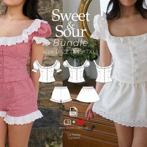 May include: A sewing pattern bundle titled Sweet & Sour Bundle size 0-22 (XXS-7XL) featuring a top with ruffled sleeves and a button-front closure, paired with either shorts or a skirt. Includes PDF, written instructions, and video tutorials.