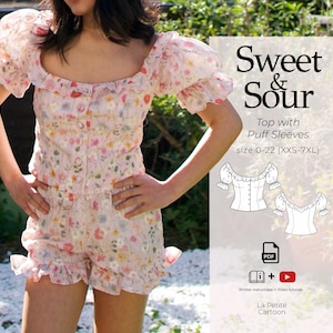 Può includere: Un top con stampa floreale, maniche a sbuffo e pantaloncini abbinati con scollo quadrato e chiusura frontale con bottoni. Il testo recita Sweet & Sour, Top with Puff Sleeves, size 0-22 (XXS-7XL), PDF, written instructions + video tutorials, La Petite Cartoon.
