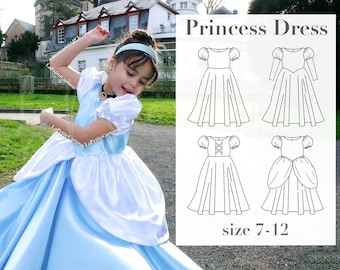 Patrón de costura de vestido de princesa en PDF, A0/A4/carta de EE. UU., talla 7-12, más de 30 diseños, vestido de niña de las flores, cosplay, disfraz de Halloween, vestido de fiesta