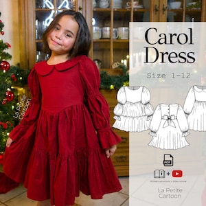 May include: A young girl in a red dress with a Peter Pan collar and long sleeves stands in front of a Christmas tree. The dress pattern is labeled "Carol Dress" with sizes 1-12. The image also includes dress design illustrations.