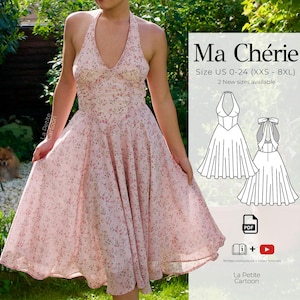 May include: A light pink halter dress with a small floral pattern, featuring a deep V-neckline and a full skirt. The image includes a technical line drawing of the dress, the text Ma Chérie, Size US 0-24 (XXS - 8XL), and icons for PDF, book, and video.