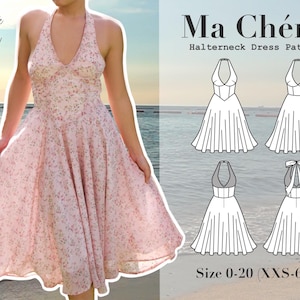 Patrón de costura Ma Chérie A0/A4/Carta de EE. UU./Tallas de EE. UU. 0 a 20 (XXS a 6XL)/Patrones de costura de vestidos con cuello halter/Vestidos maxi/mini/Vestidos de primavera/verano