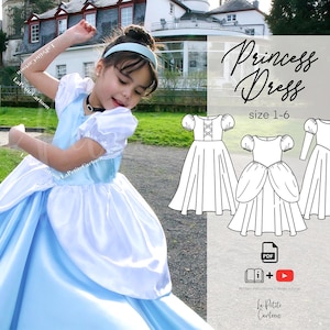 Peut inclure: Une jeune fille porte une robe de princesse bleu clair et blanche, avec un bandeau assorti, posant à l'extérieur. L'image comprend un patron de robes de princesse, tailles 1-6, avec le texte "Princess Dress".