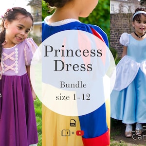 Puede incluir: Un conjunto de vestidos de princesa en morado, azul y amarillo. Los vestidos son para tallas 1-12. La imagen incluye el texto "Princess Dress Bundle" y "La Petite Cartoon".