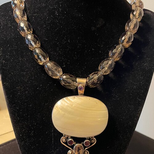Sterling silver shops and natural mother of pearl shell pendant with faceted smoky crystal beaded necklace