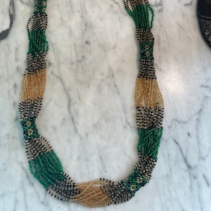 Vintage micro glass bead green gold and black necklace