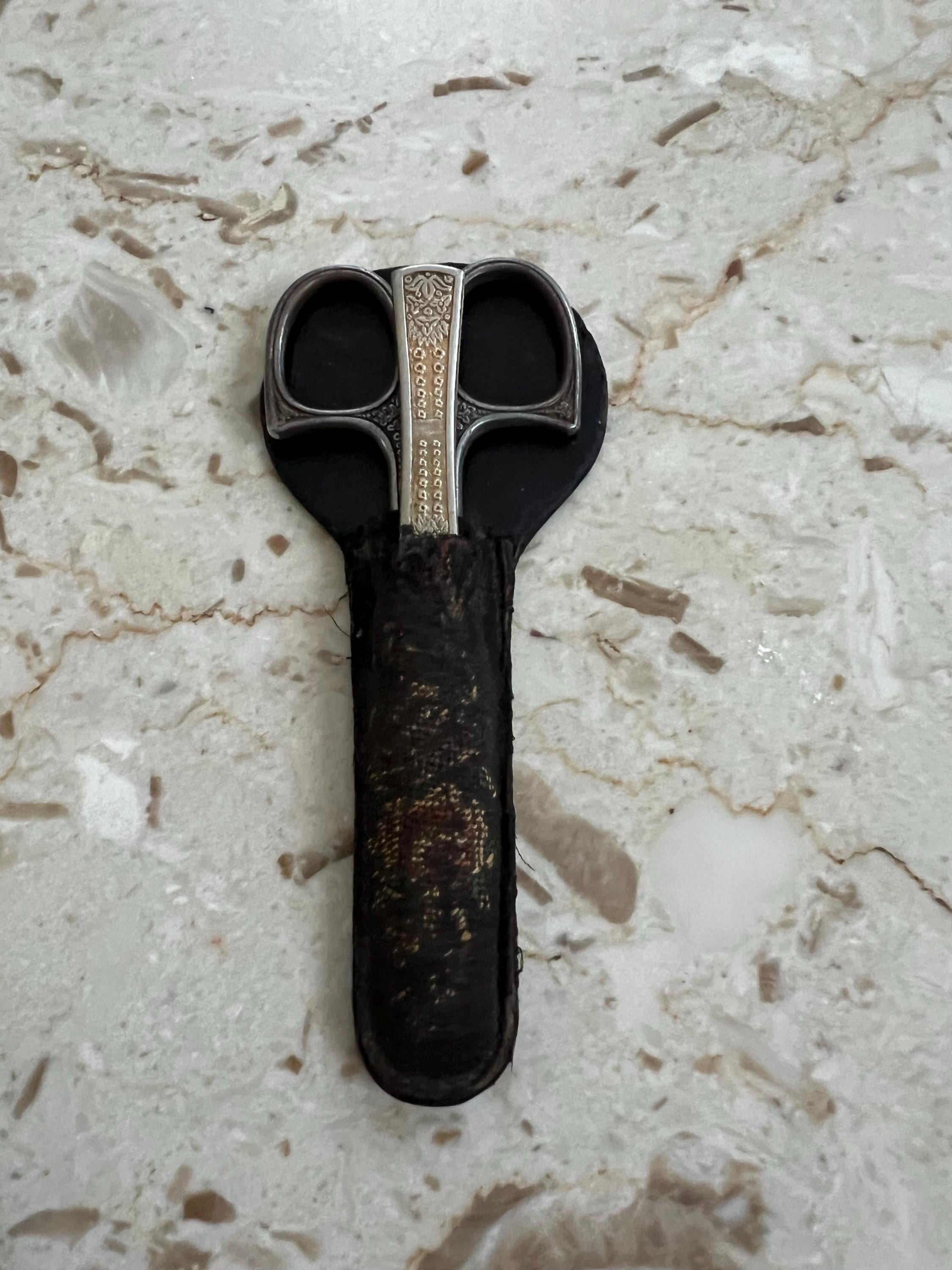 Antique fingernail scissors an cuticle remover in leather and needle point case. In good shape for the age, case has some wear.