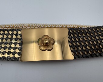 Vintage 80s Black Stretch Belt Gold Large Statement Buckle Wide Waist Retro 80s Black Wide Waist Belt | Stretch Belt | Cinch Belt | Gold  main image 4