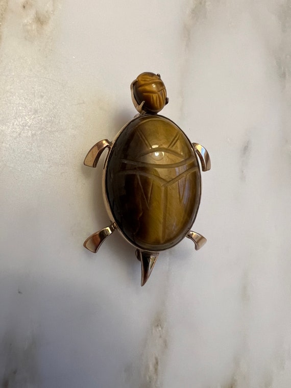 Vintage WRF gold filled tiger eye scarab turtle br