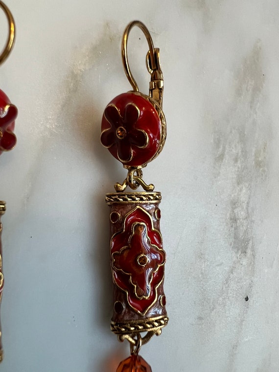 Vintage Joan Rivers red enamel Asian style dangle… - image 2