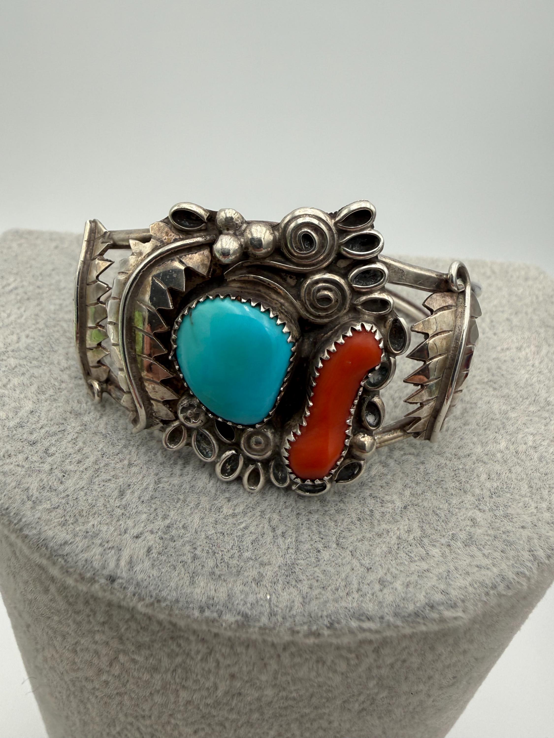 Vintage Jefferson James Sterling Silver Coral and Turquoise Cuff