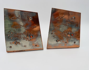 Vintage YAAD Studio Signed Israel Mid Century Pair Copper bookends with Fish Motif