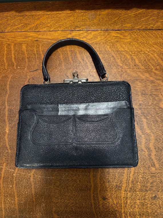 バッグ Vintage Black Leather Hand Bag Antique Victorian Black Leather Top Handle Purse, Skeleton Key