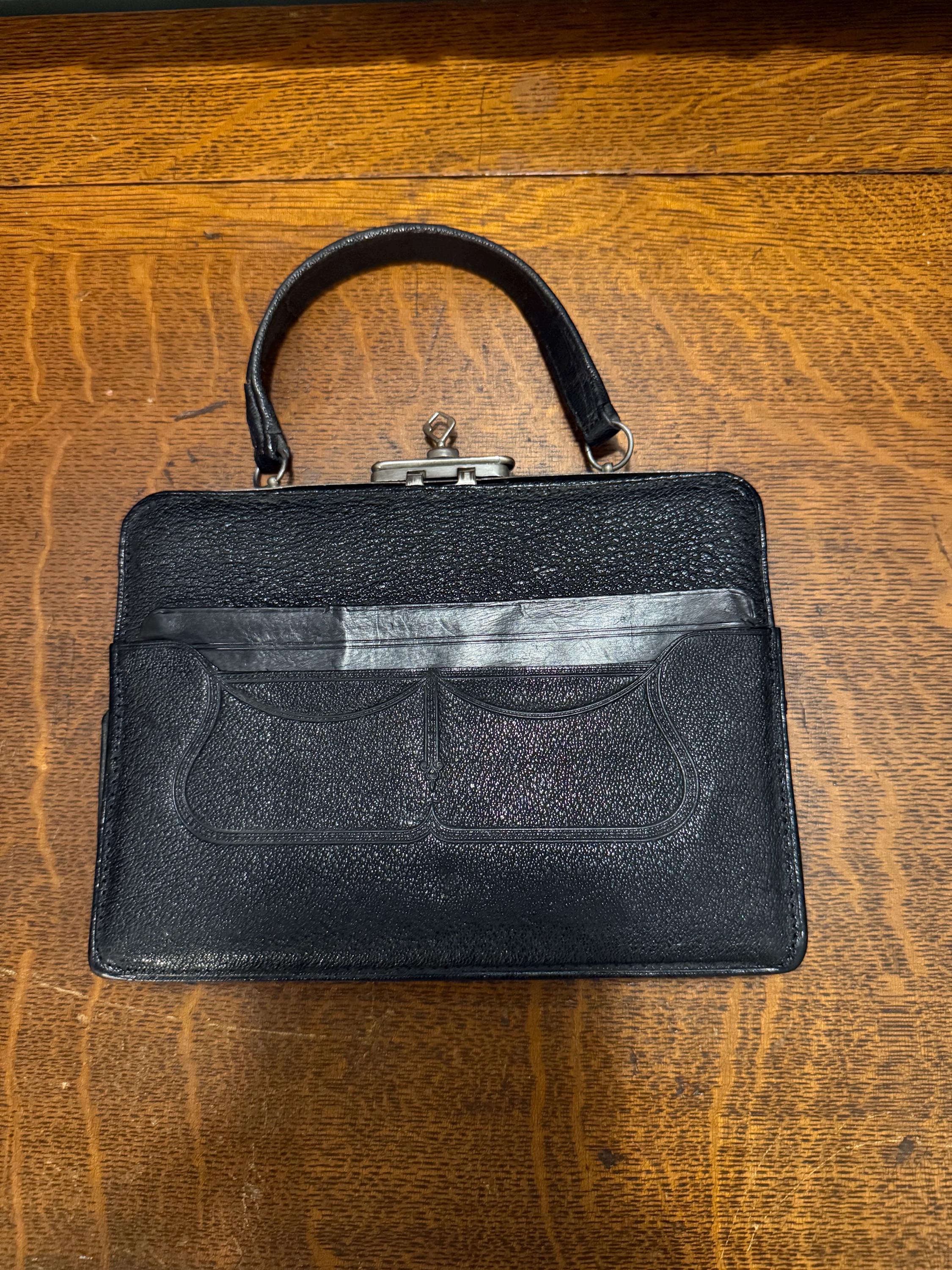 Antique Victorian Black Leather Top Handle Purse, Skeleton Key