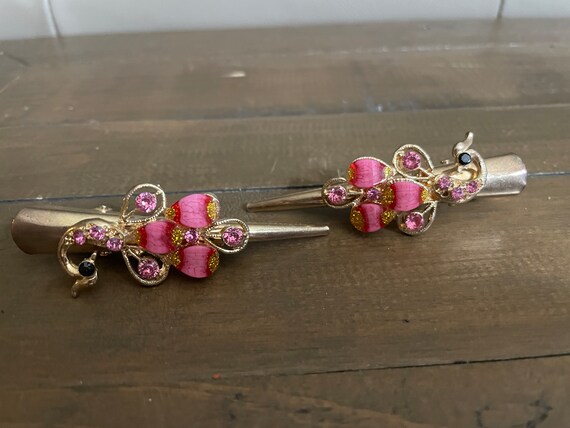 Vintage-Inspired Gold Tone Peacock Hair Clip with Pink Rhinestones Pink Hair Clip Vintage Hair Barrette Peacock Hairclip  main image 4