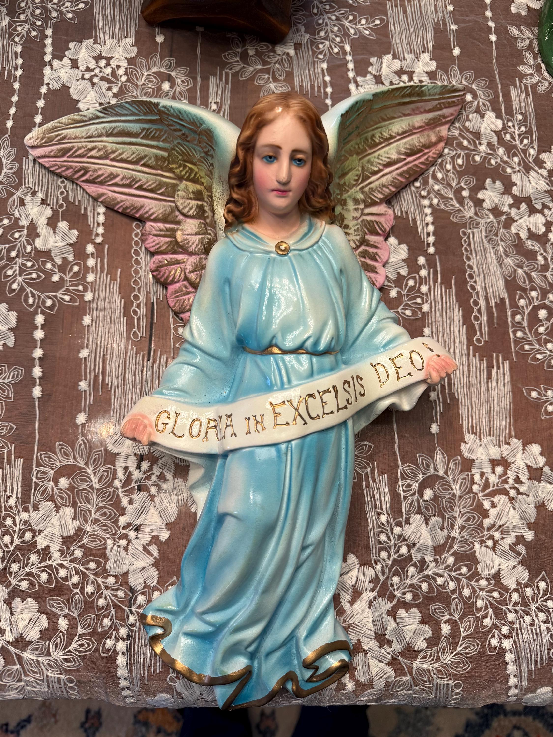 Vintage Chalkware Nativity Angel, Large Hanging Plaster