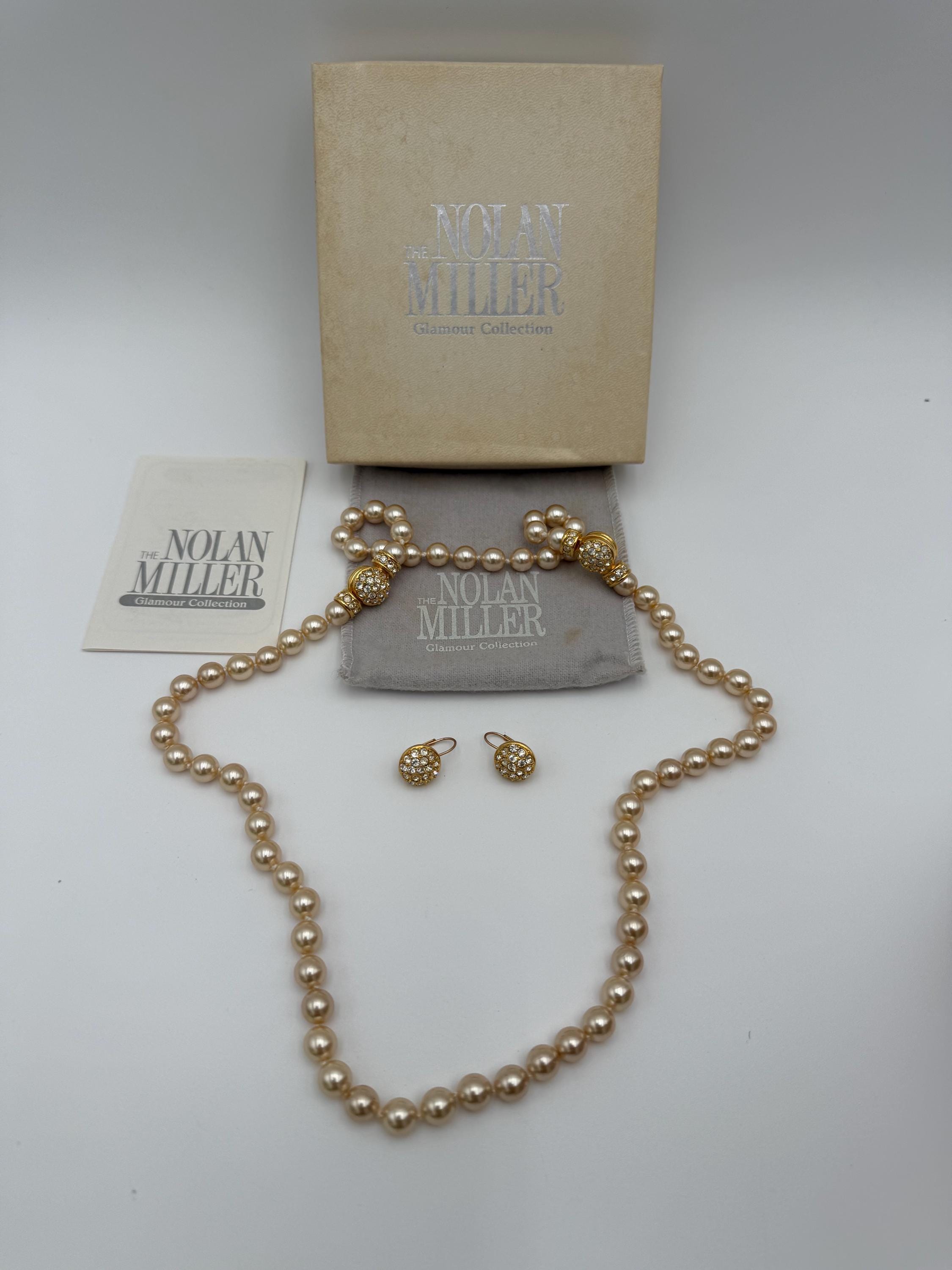Vintage Nolan Miller Pearl Necklace & Rhinestone Earrings Set With 