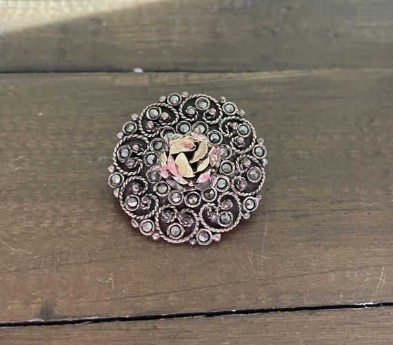 Vintage Gold and Silver Marcosite Brooch Hand Set Marcasite Brooch with Gold Center main image 3