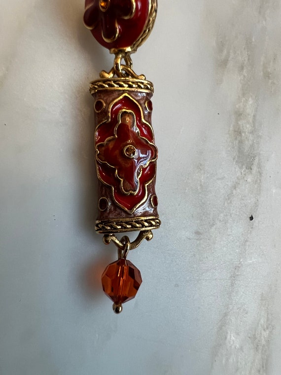 Vintage Joan Rivers red enamel Asian style dangle… - image 3