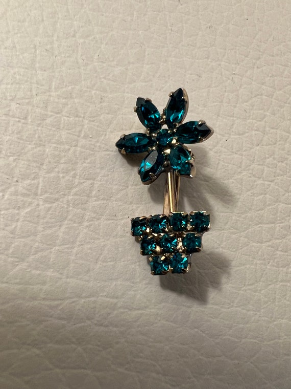 Vintage cute tiny flower in pot blue green rhinest