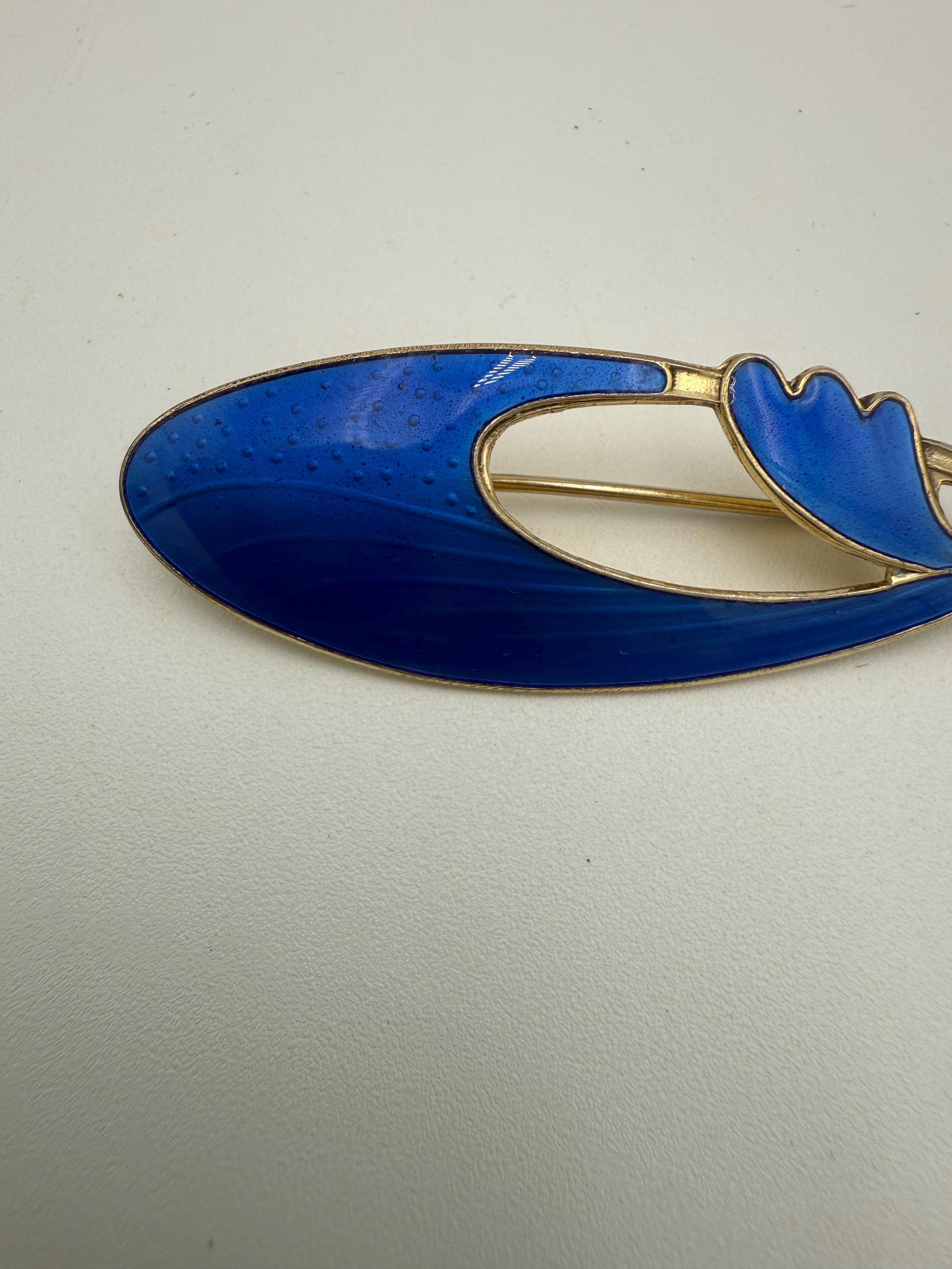 Vintage Norway Blue Guilloche Enamel Sterling Vermeil Brooch Opro
