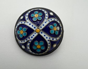 Vintage gewölbte blau-weiße Blumen Brosche