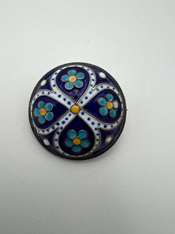 Vintage domed blue and white enamel flowers brooch