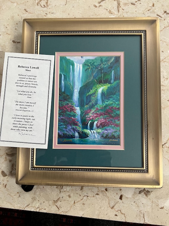 Rebecca Lowell Art 1995 鯨の親子　ハワイアート　マウイ Vintage Rebecca Lowell Maui Lithograph, Signed, Framed Waterfall