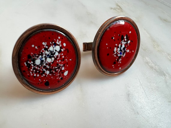 Vintage red enamel copper cufflinks - image 2