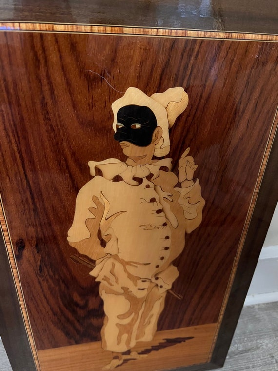 Vintage Italian Inlaid Wood Marquetry Pierrot Venice Wall Art Miss
