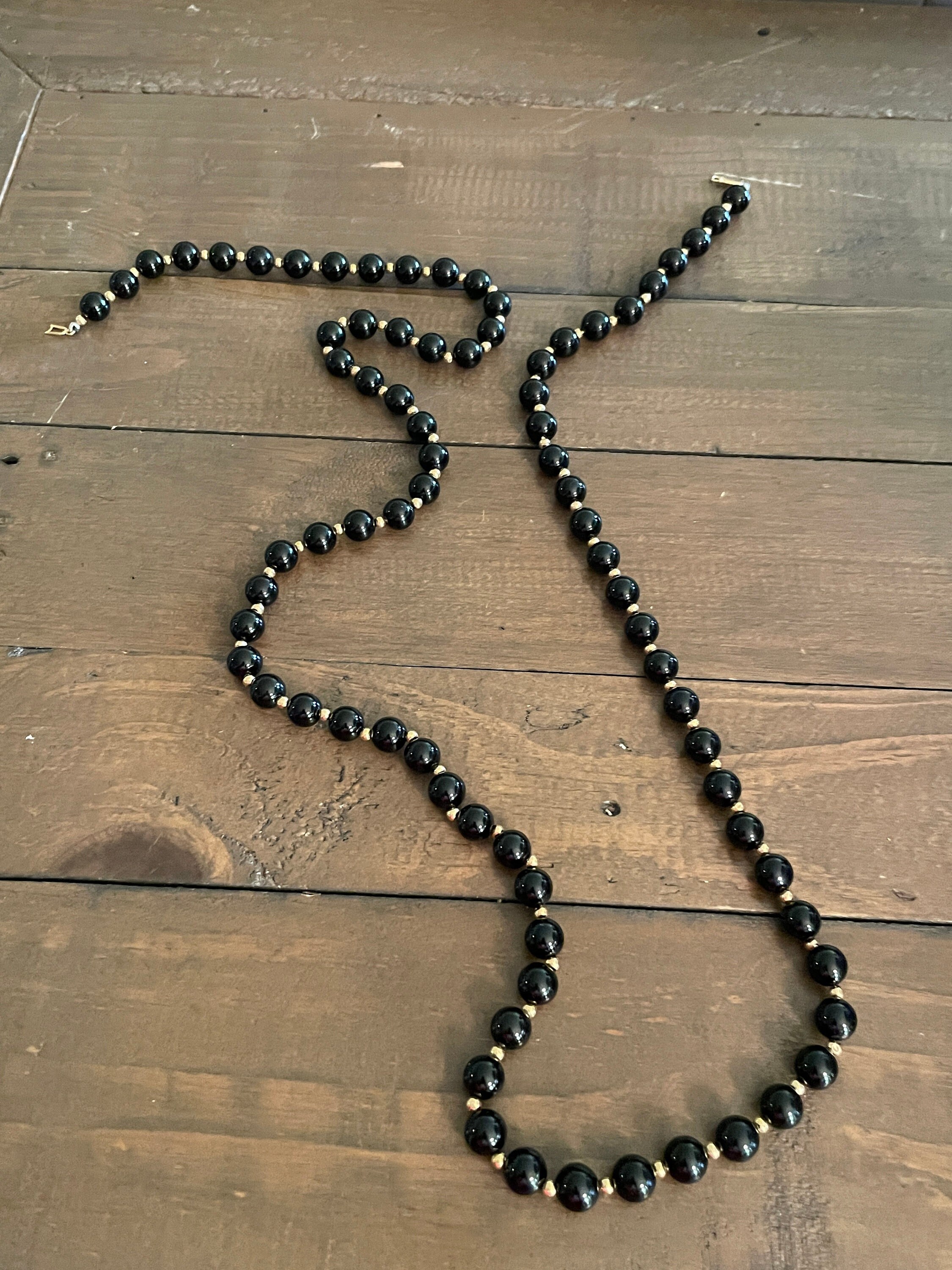 Vintage 14k Gold Black Onyx and Gold Beaded Necklace - Etsy