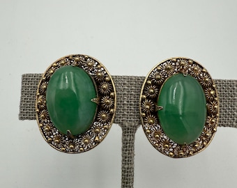 Pendientes vintage de jade con filigrana de plata vermeil china con cierre de rosca.