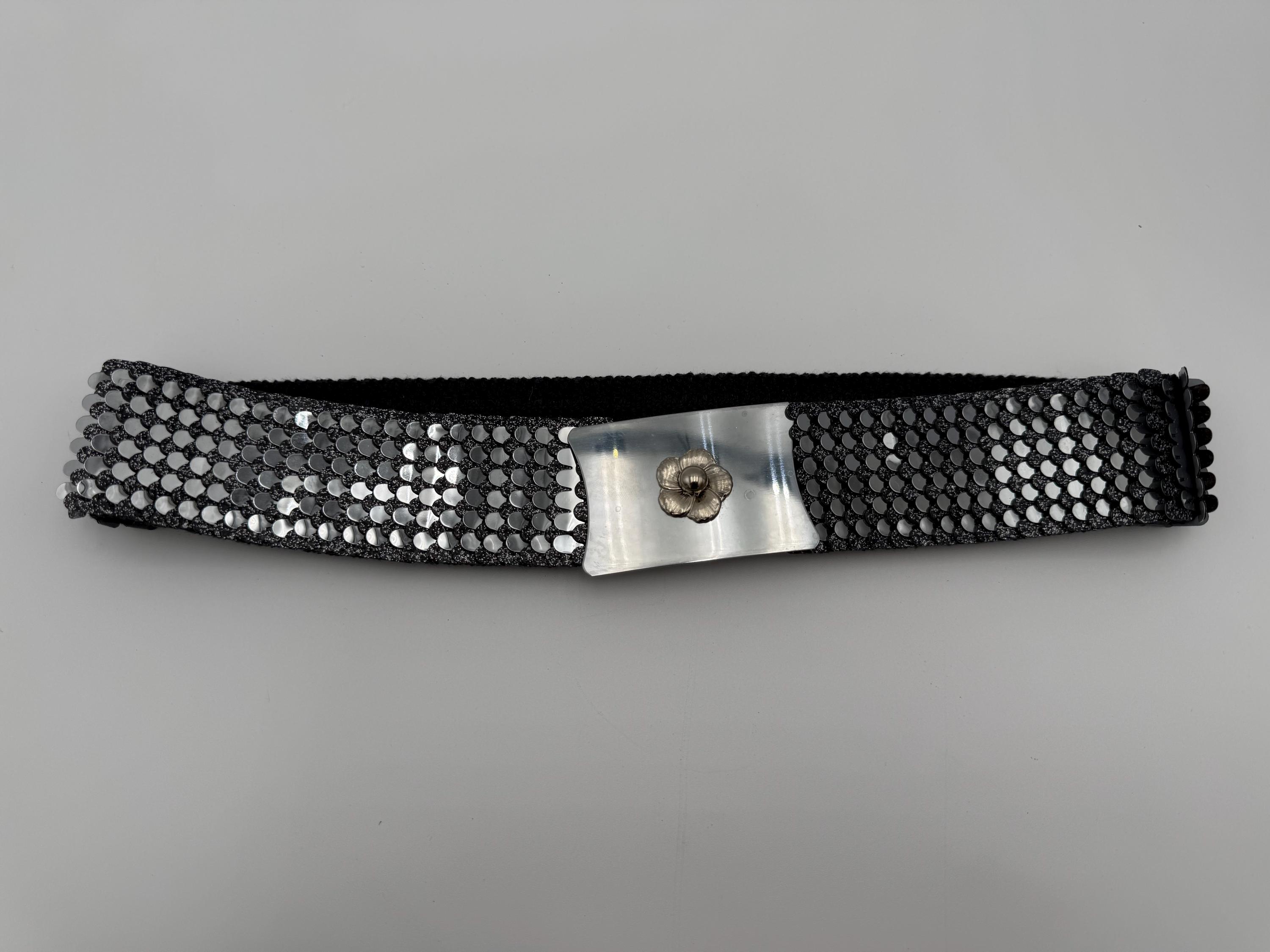 Glamorous Silver and Black Stretch Metal Ring Belt Katia Ring Belt - Bold Silver Hardware Italian Black Leather  main image 3