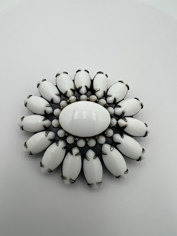 Vintage white milk glass navette stone brooch