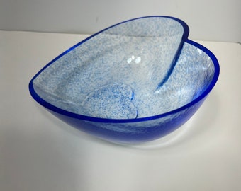 Vintage Kosta Boda Heart Shaped Blue Glass Bowl Signed K