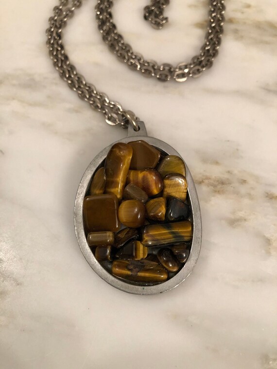 Mid Century Jorgen Jensen Pewter and Tiger Eye Necklace Made in