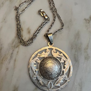Vintage Mexico sterling silver Aztec or Mayan calendar large pendant necklace