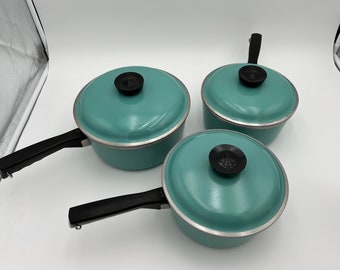 Vintage Mid century Club turquoise teal aluminum pots with lids