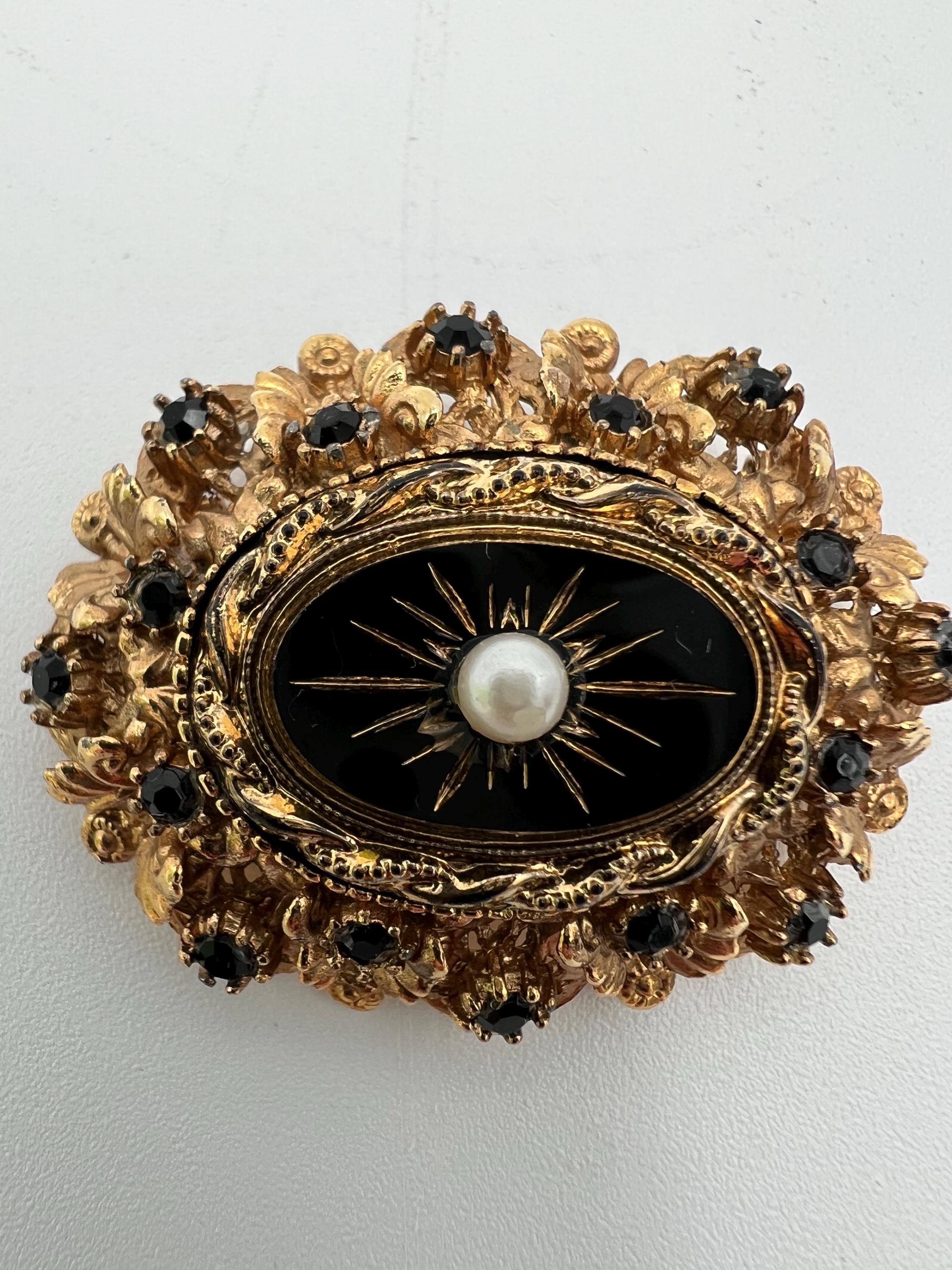 Vintage Sphinx A829 Victorian Revival Gold Tone Black Rhinestone