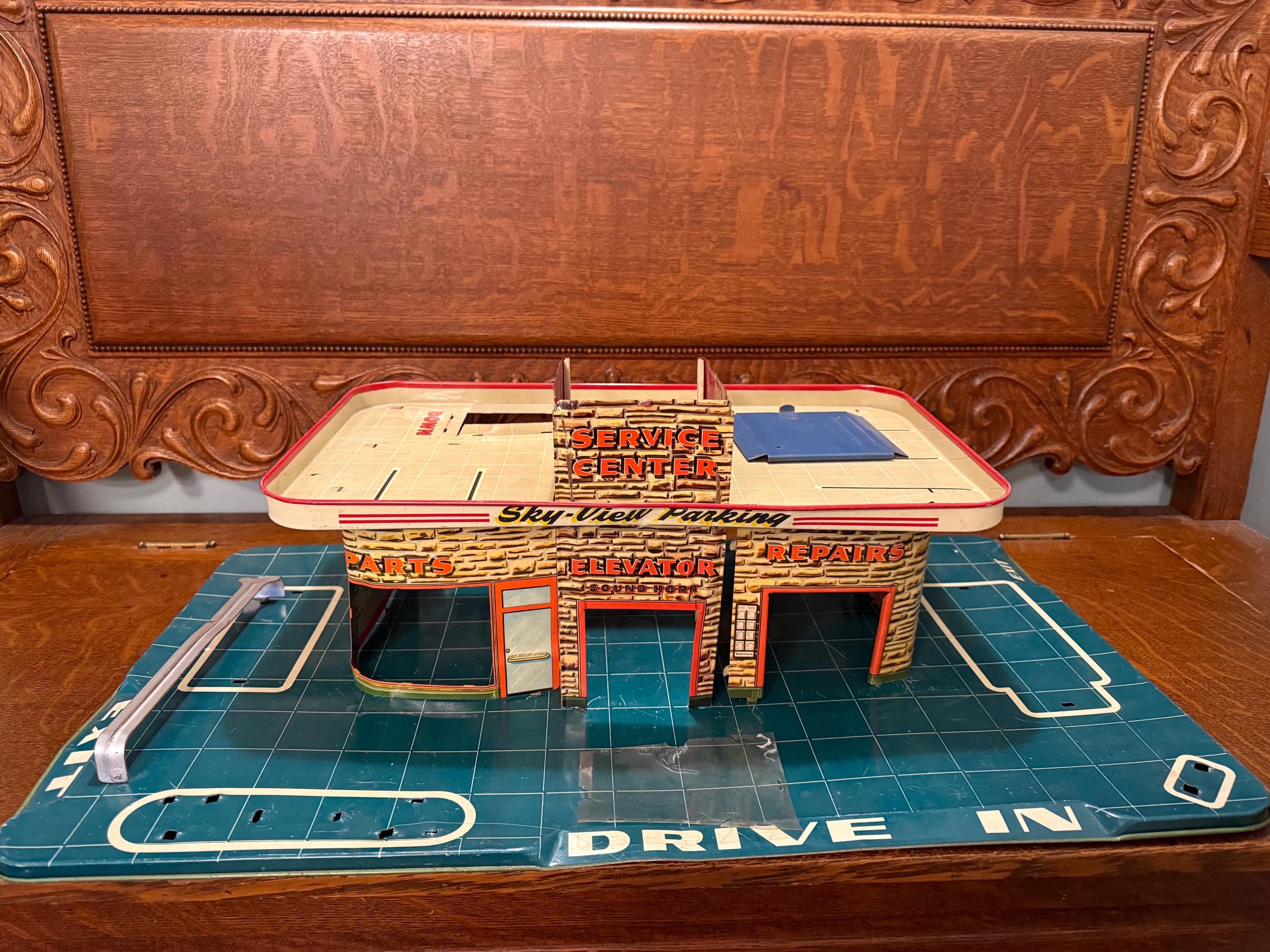 Vintage 1950s Marx Sky-view Parking Playset, Tin Litho (missing
