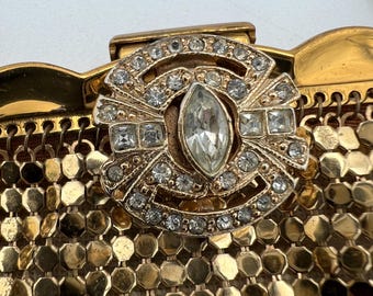 Vintage Whiting and Davis Gold Mesh Rhinestone Clasp Small