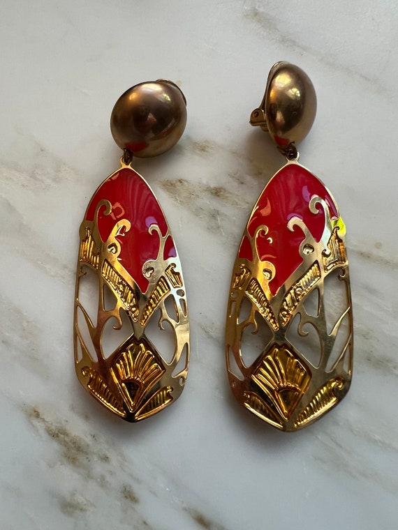 Vintage Berebi gold tone red enamel dangle earring