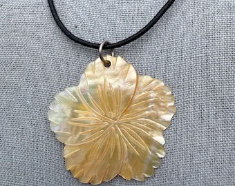 Perlmutt Tropische Blumen Lederhalsband Sterling Silber Verschluss HalsketteVintage