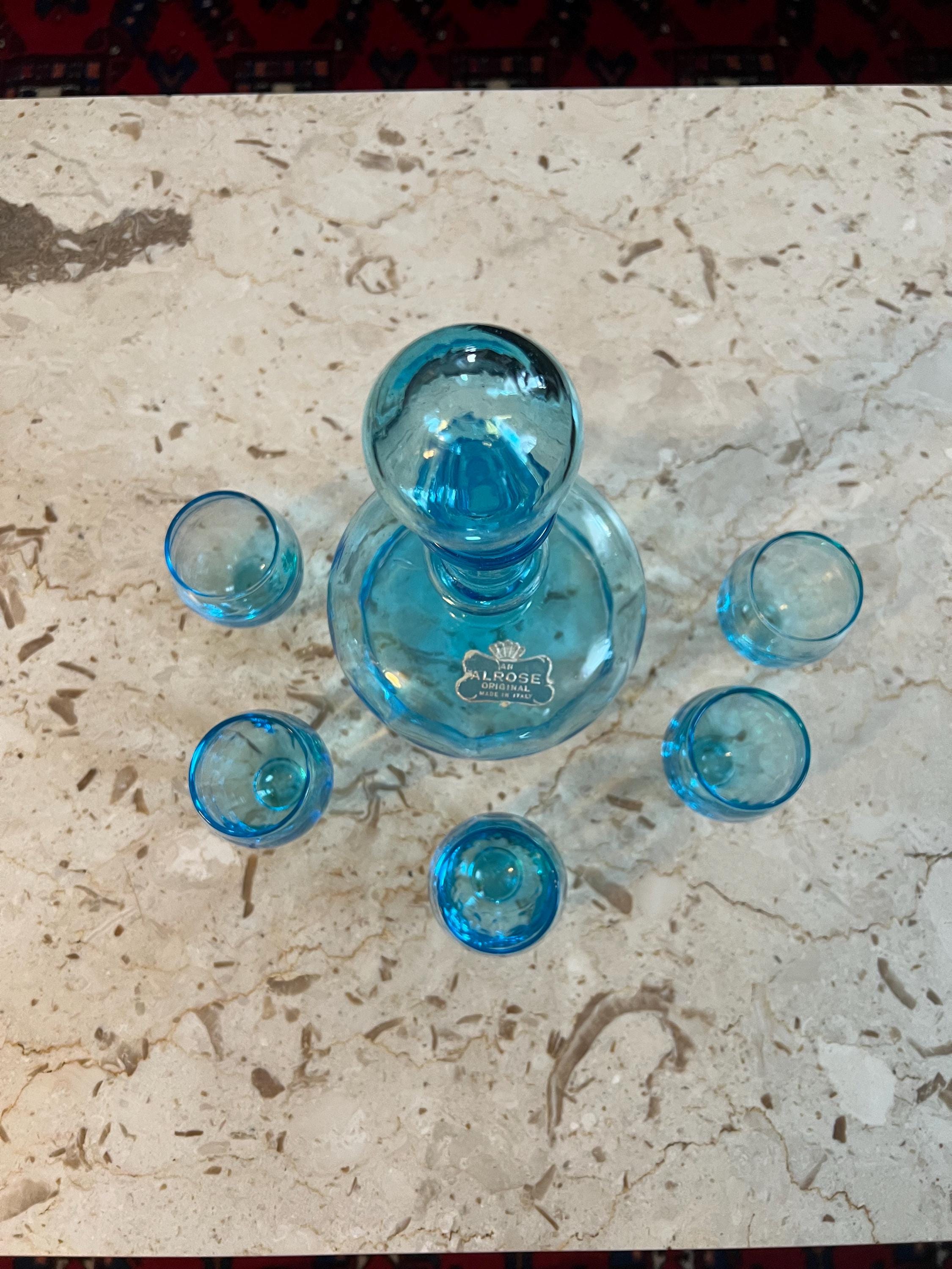 Vintage Alrose Empoli LightBlue Decanter with Round Stopper with 5 small matching cordial glasses.Beautiful color.