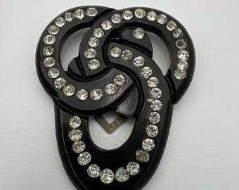 Pinza para vestido Art Déco antigua de celuloide negro con diamantes de imitación.
