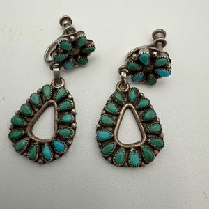 Vintage Sterling Silver turquoise Petit Point Needlepoint earrings Screwback