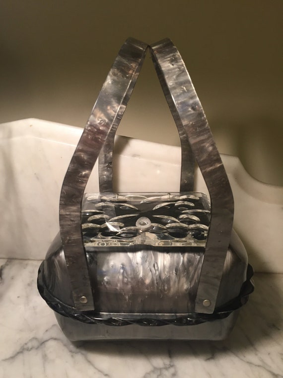 Vintage llewellyn pearlized gray lucite purse with