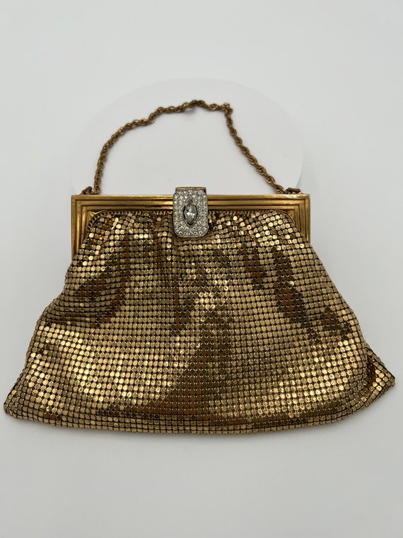 Vintage Whiting Davis gold mesh purse with rhines… - image 1
