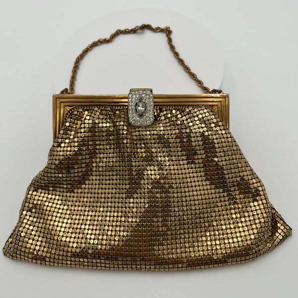 Vintage Whiting Davis gold mesh purse with rhinestone clasp